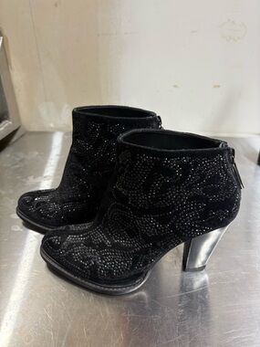 Black Embellished Suede Ankle Booties with Metallic Block Heel